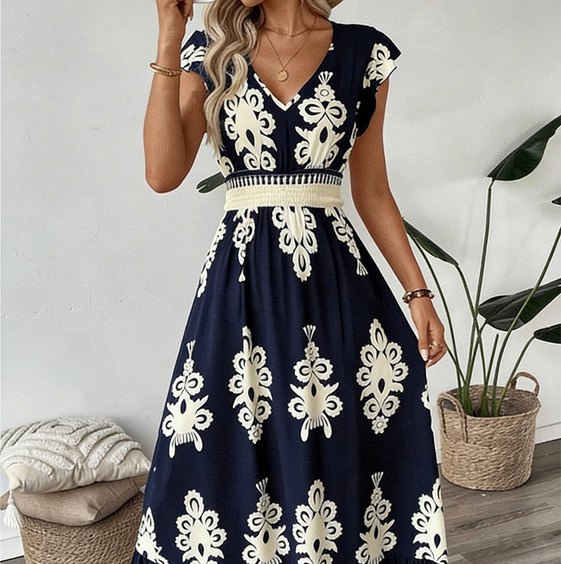 Robe longue femme à imprimé baroque et taille smockée