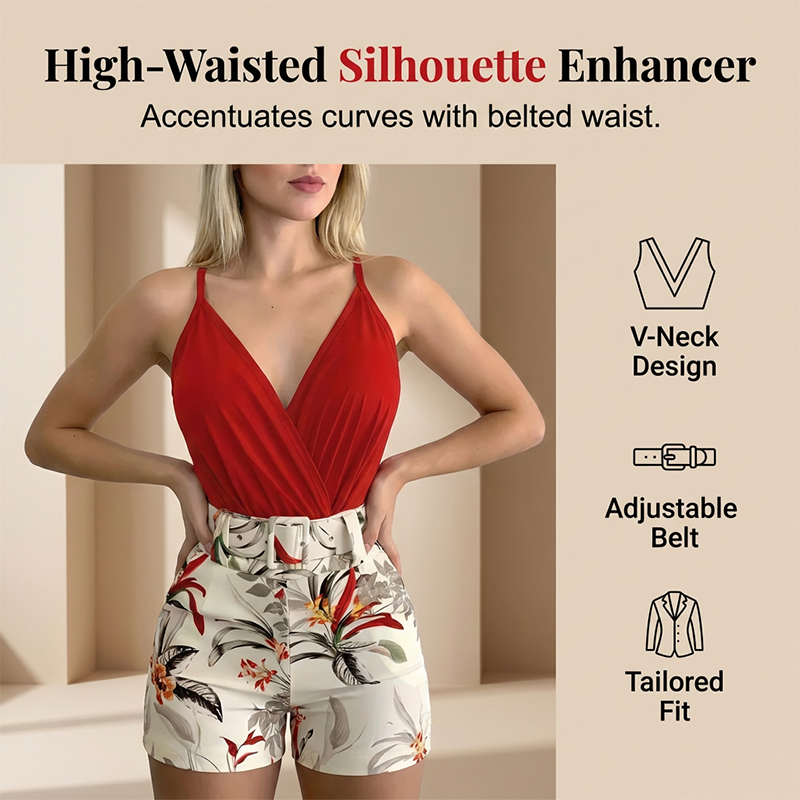 Ensemble Tropical Élégant avec Short Taille Haute et Décolleté en V
