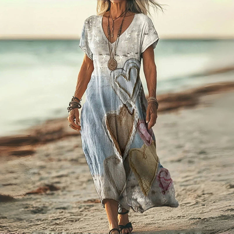 Robe midi femme vintage à imprimé cœurs et col V