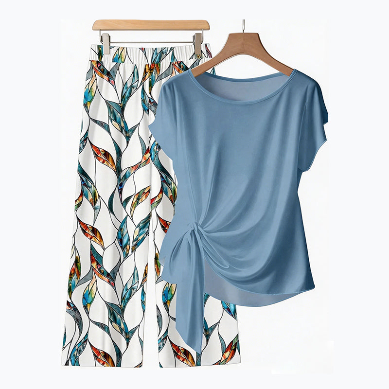 Ensemble femme deux pièces avec top noué et pantalon imprimé fluide