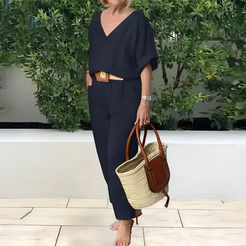 Ensemble Femme Col V Pantalon Ample Style Décontracté