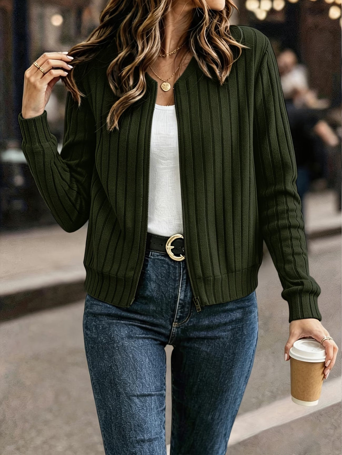 Cardigan femme côtelé avec fermeture zippée