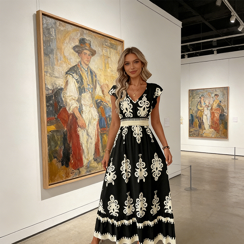 Robe longue femme à imprimé baroque et taille smockée