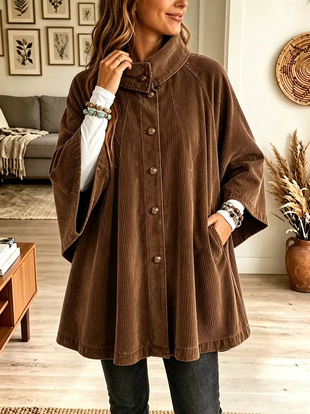 Manteau cape femme oversize en velours côtelé