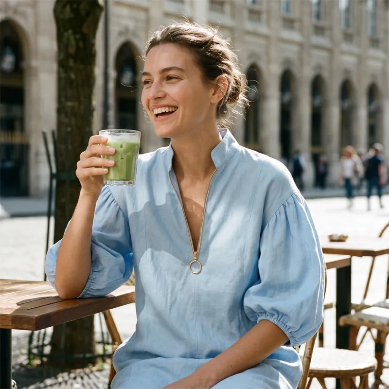 Robe femme fluide à manches bouffantes avec col zippé
