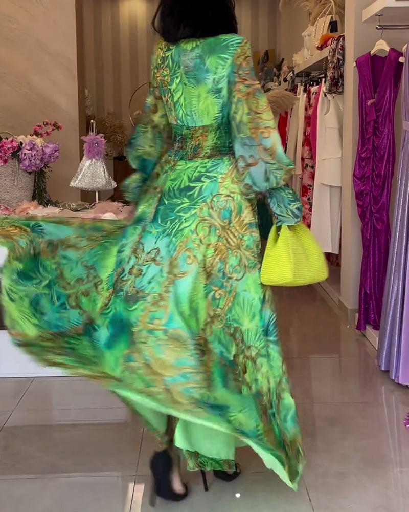 Robe femme longue imprimée fluide taille empire col V élégante bohème