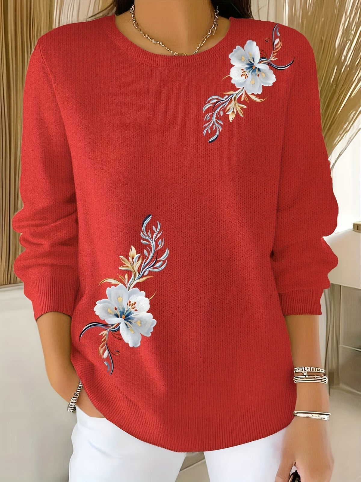 Pull femme en maille à imprimé floral col rond