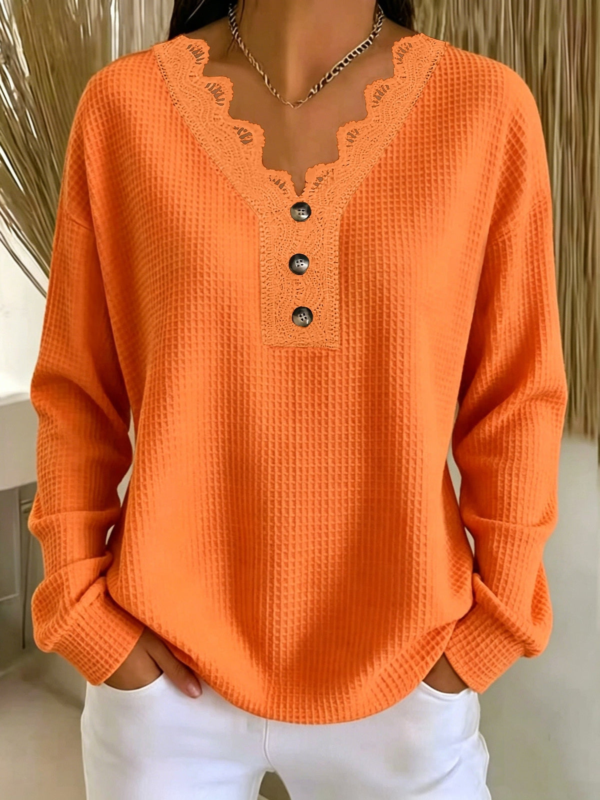 Haut femme texturé à col V dentelle manches longues
