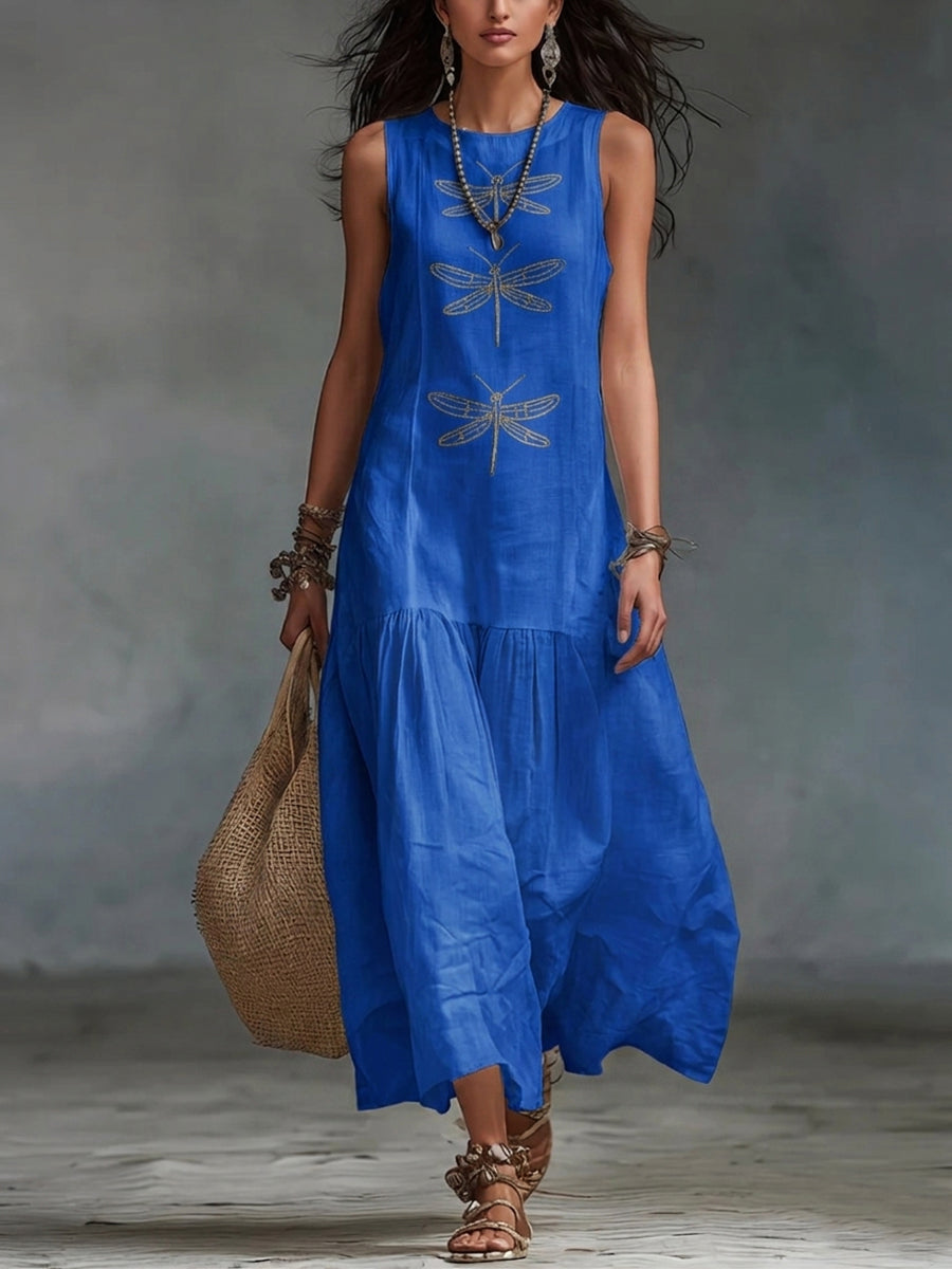 Robe longue femme en coton et lin avec broderie libellule