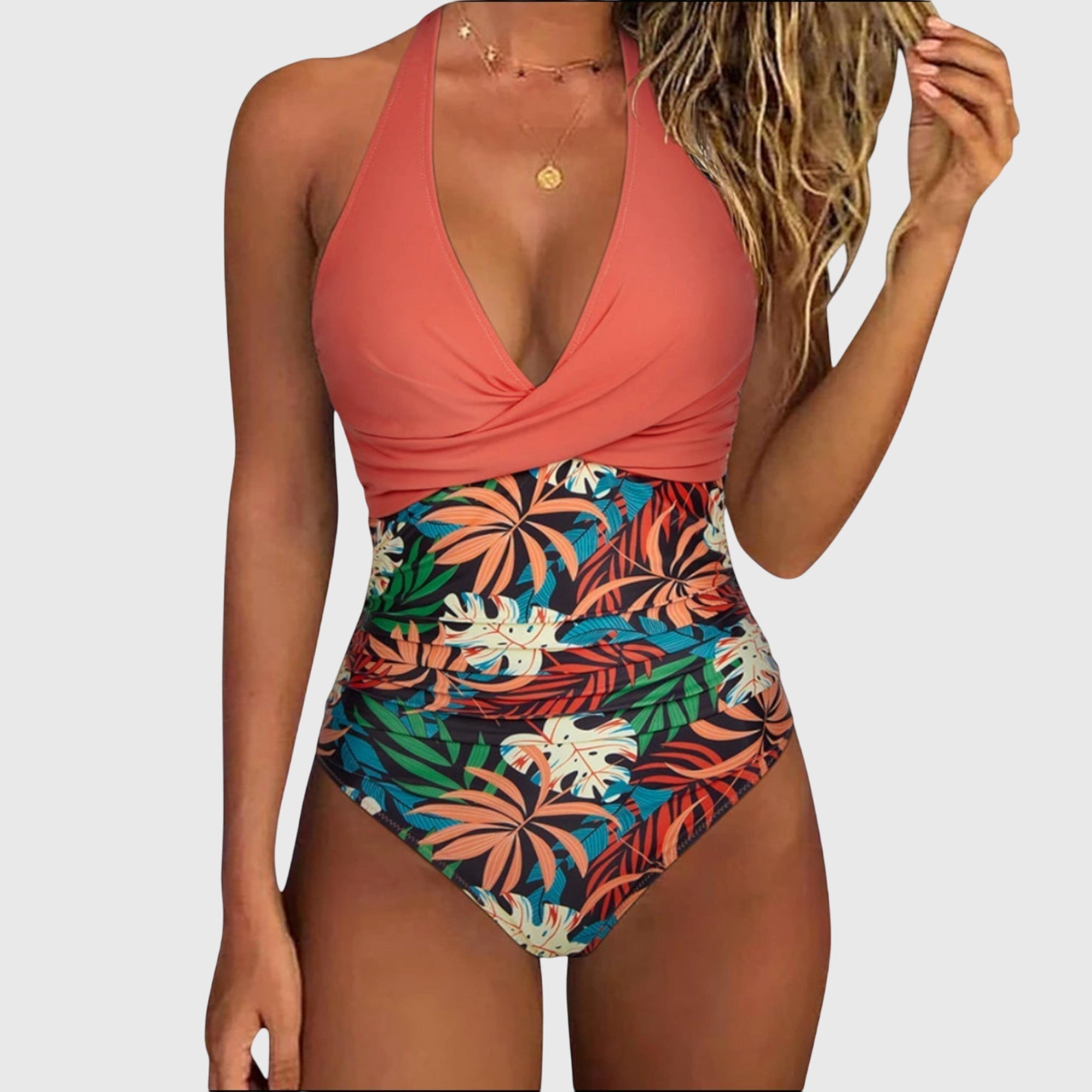 Maillot de Bain Une Pièce Femme Halter Col V Croisé Floral Froncé