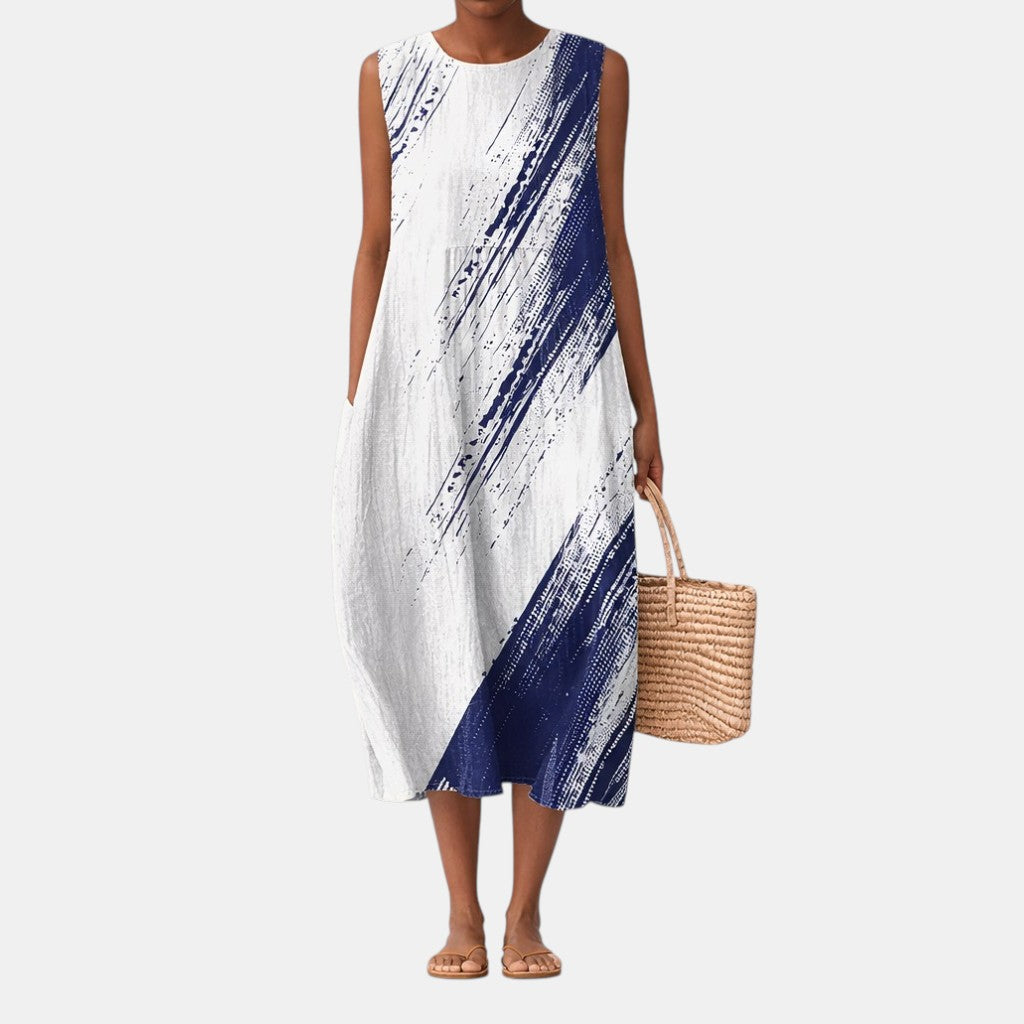 Robe midi femme sans manches à imprimé graphique bleu