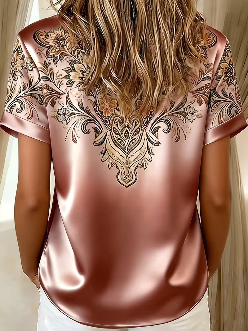 Blouse femme satinée à imprimé floral et col chemise élégant