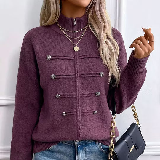 Gilet en maille femme à col montant et boutons décoratifs