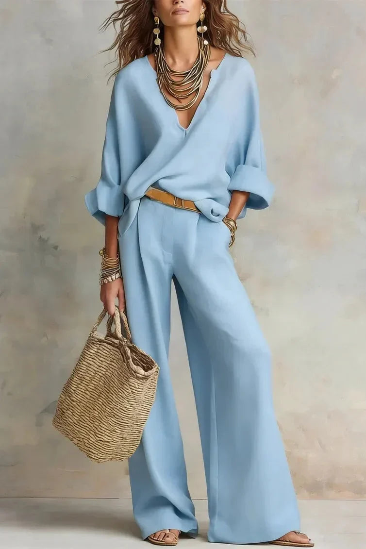 Ensemble femme fluide à col V avec pantalon large
