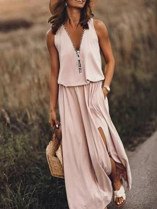 Robe Longue Femme Fluide Col V Zippé Coupe Ample Fendue Été