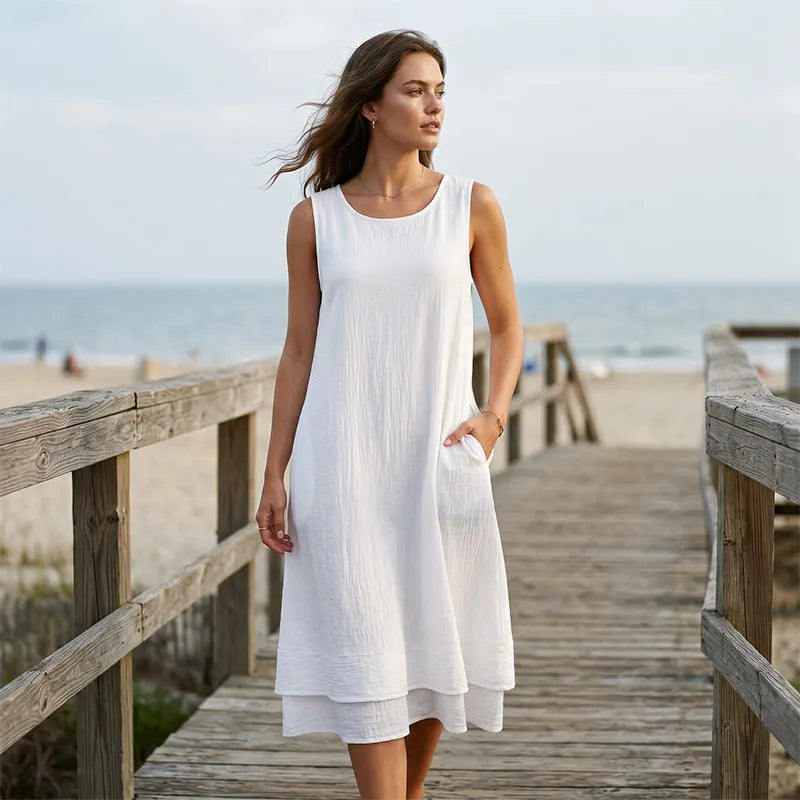 Robe midi femme sans manches à volant et coupe A-line