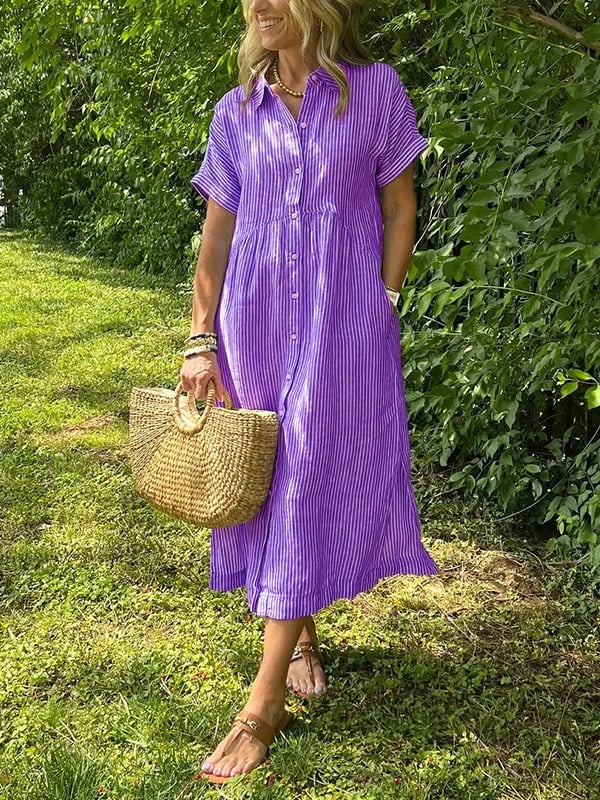 Robe Chemise Rayée Longue Coupe Fluide Avec Boutonnage Confort Quotidien