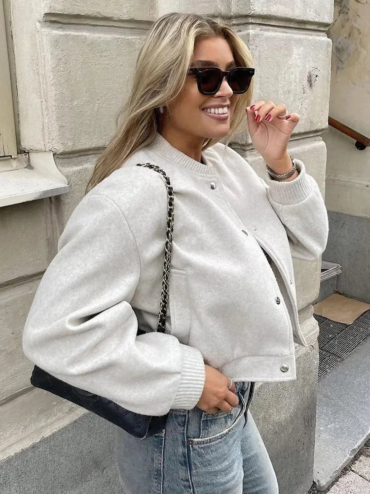 Blouson Bomber Court Femme À Boutons Pression Coupe Moderne Casual