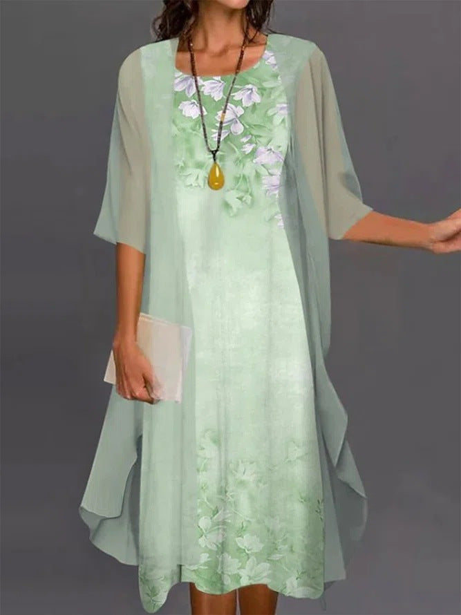 Ensemble Deux Pièces Femme Robe Midi Kimono Floral Fluide Élégant