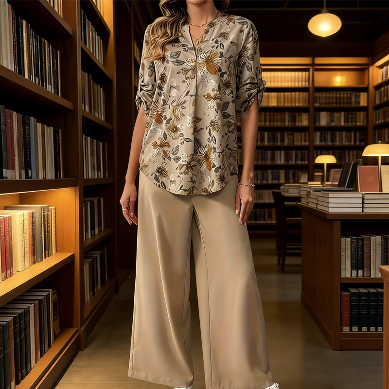 Ensemble Femme Blouse Florale et Pantalon Large Élégant