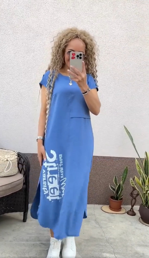 Robe Femme Imprimé Lettres Coupe Ample Col Rond Fente Style Casual