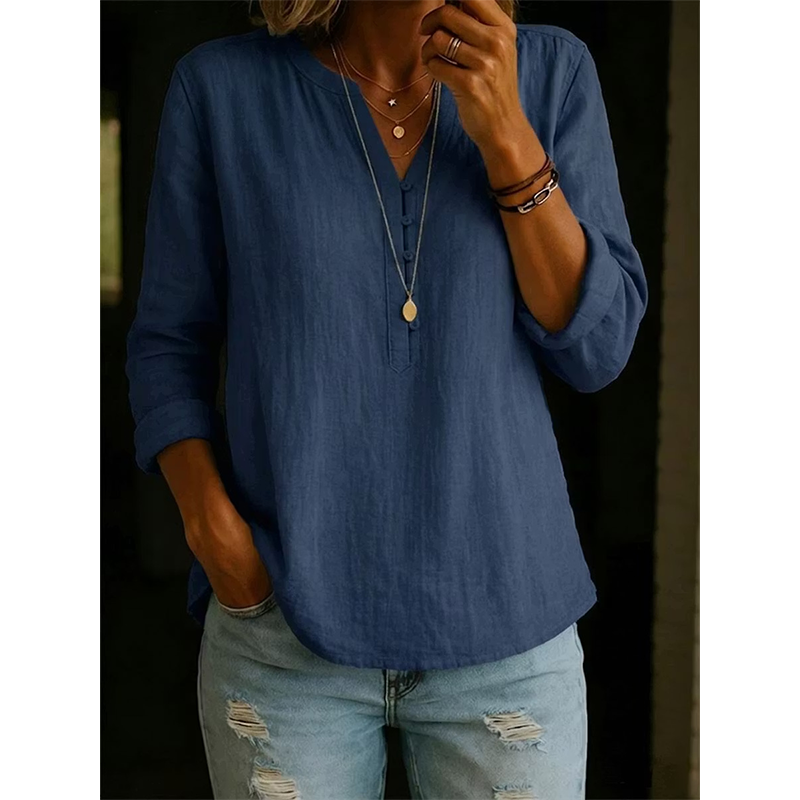 Chemise femme ample à col V avec boutons et manches retroussables