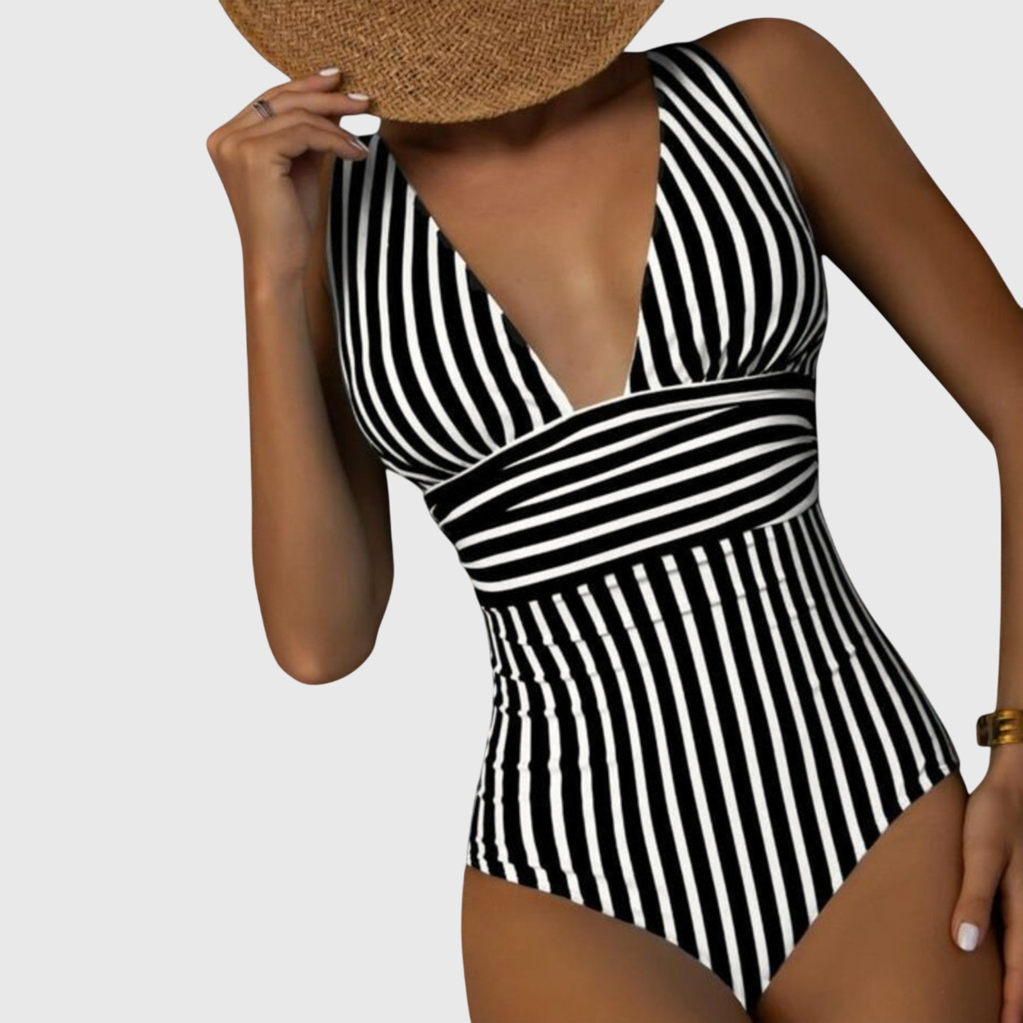 Maillot de bain une pièce femme col V plongeant rayures ceinture croisée gainant