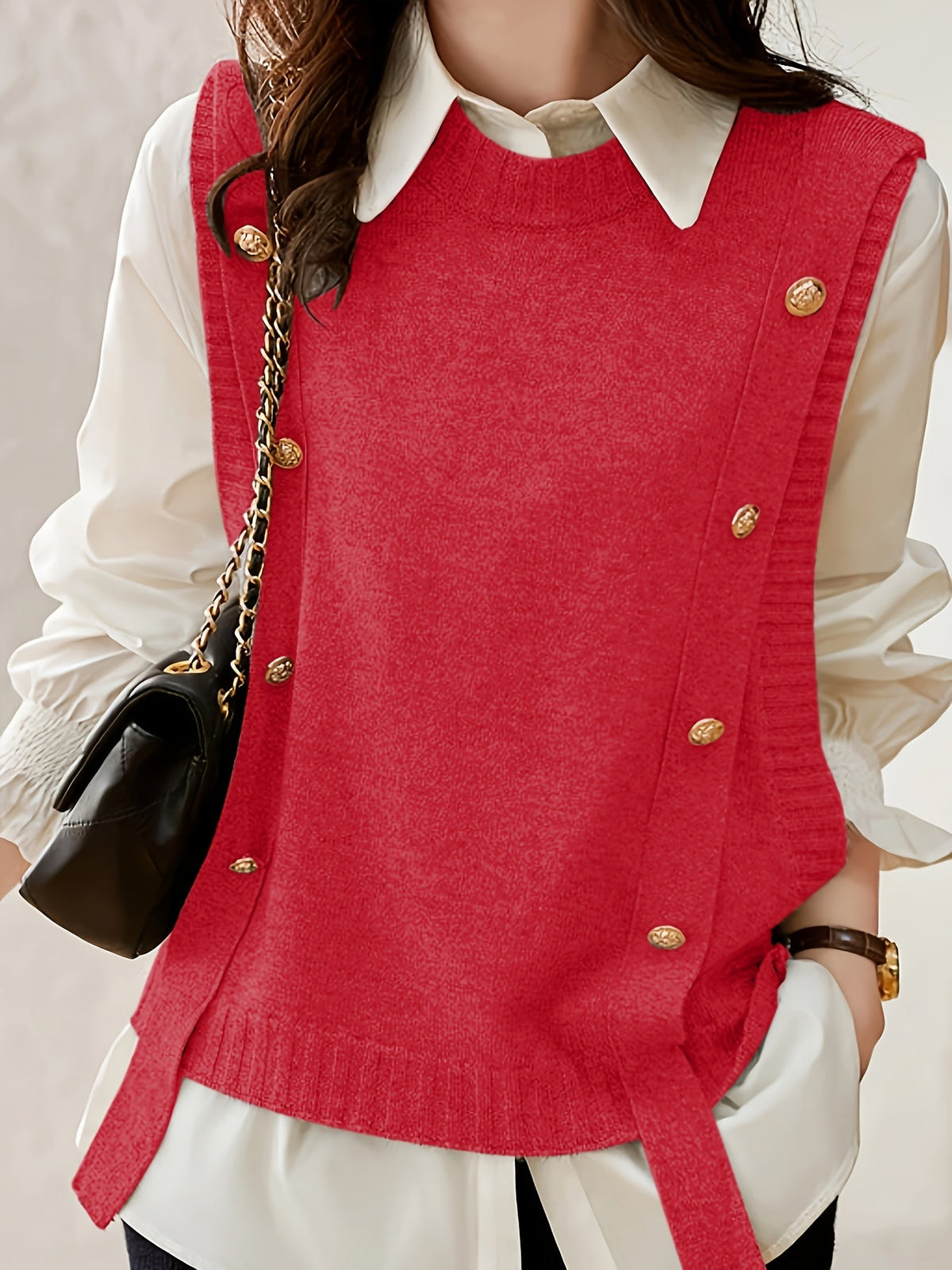 Gilet sans manches femme en maille à boutons décoratifs