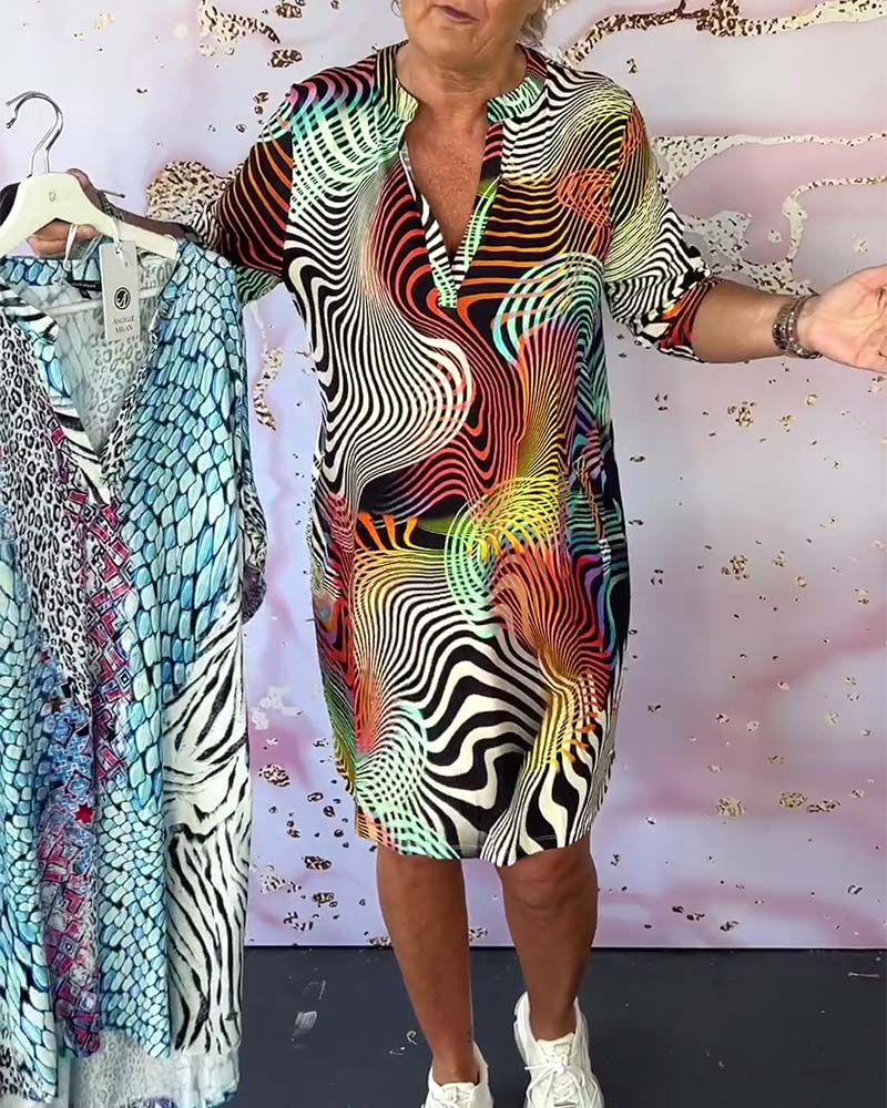 Robe Femme Col V Zippé Imprimé Ondes Abstraites Multicolores Poches