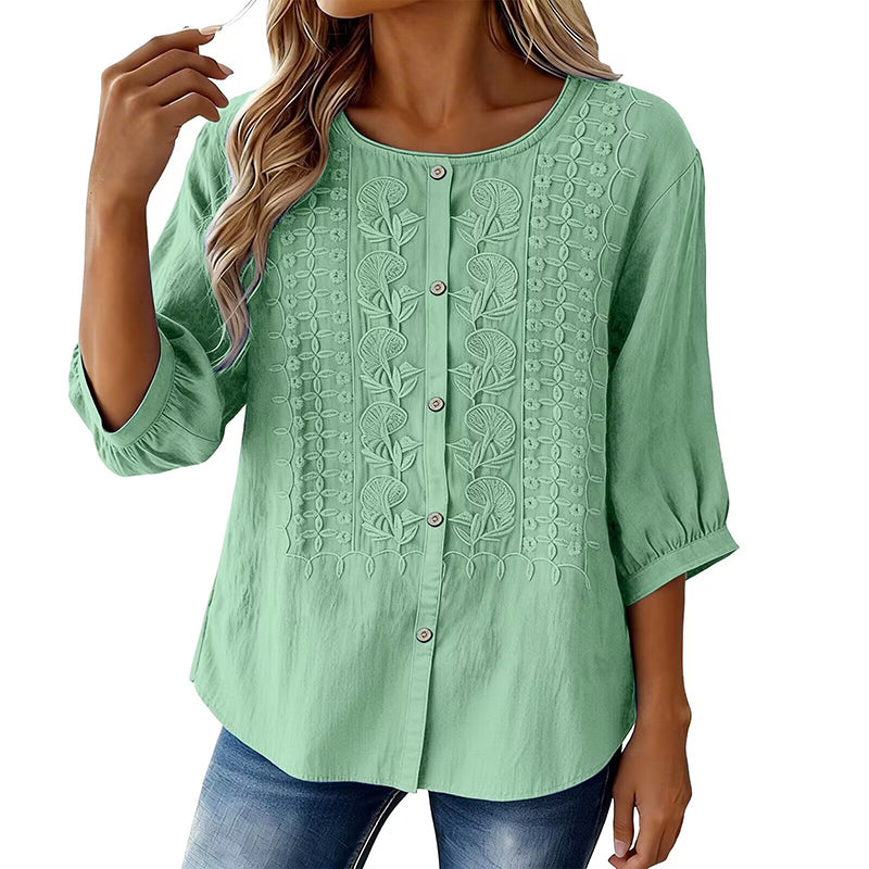 Blouse femme en coton et lin brodée à manches 3/4