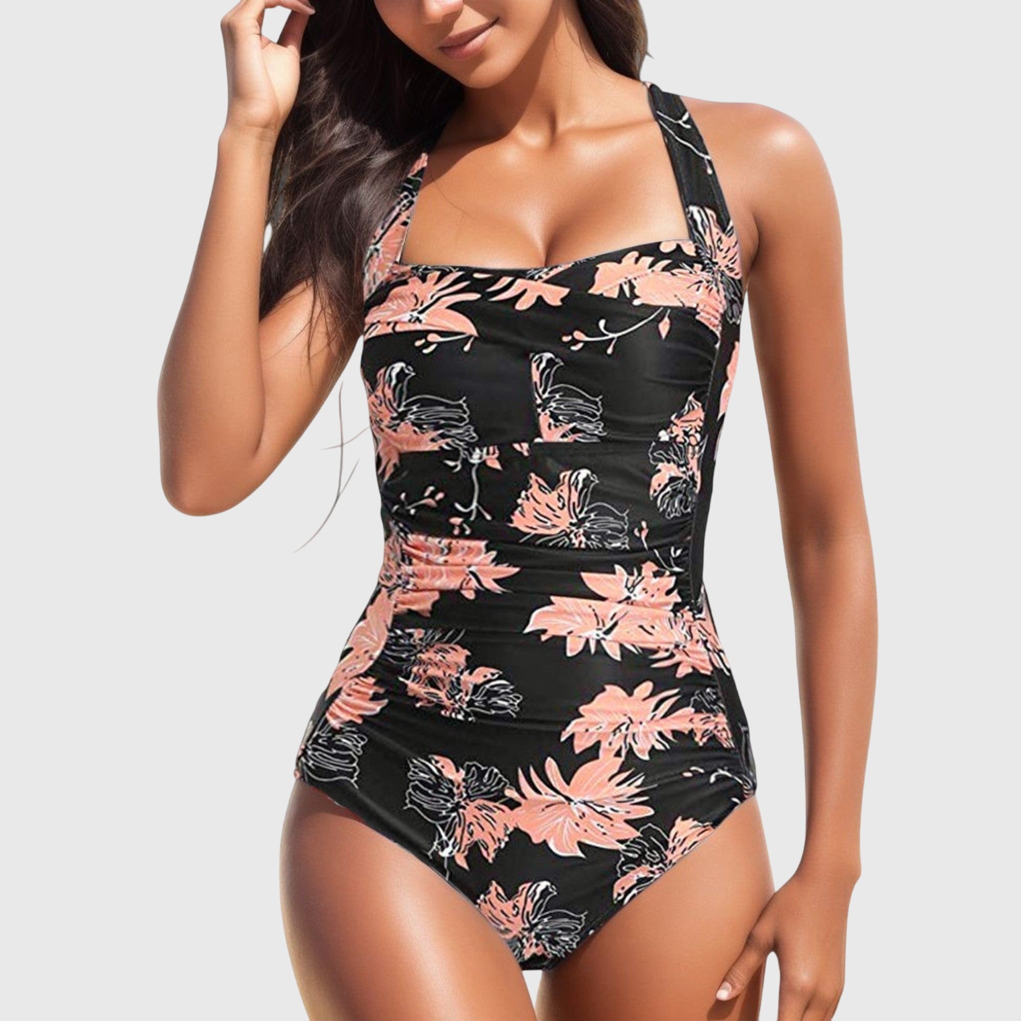 Maillot de bain une pièce femme imprimé tropical froncé col carré maintien