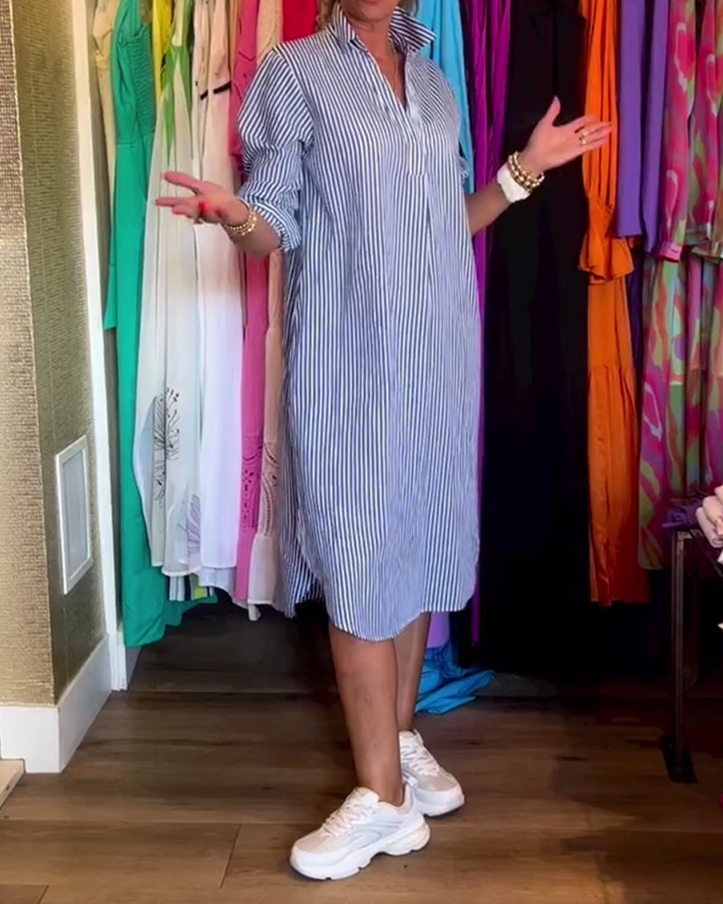 Robe femme chemise rayée fluide col revers manches longues élégante casual