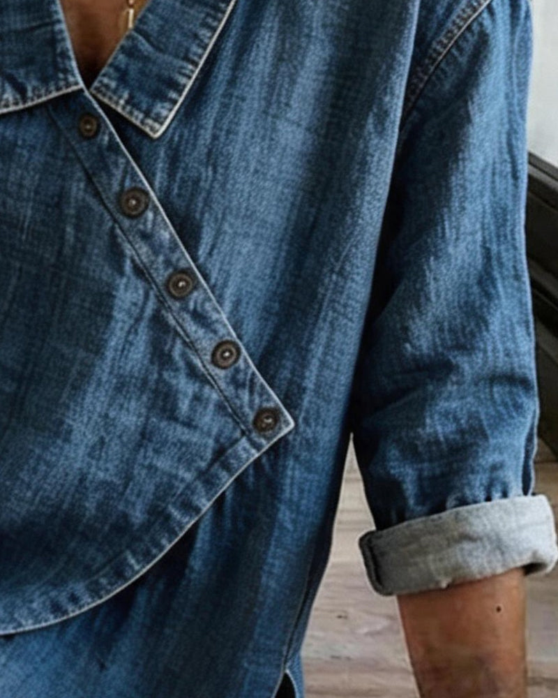 Blouse femme ample à boutons diagonaux style denim