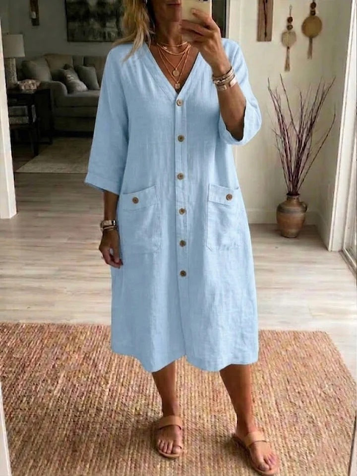 Robe Femme Midi Coton Lin Col V Boutonnée Coupe Ample Décontractée