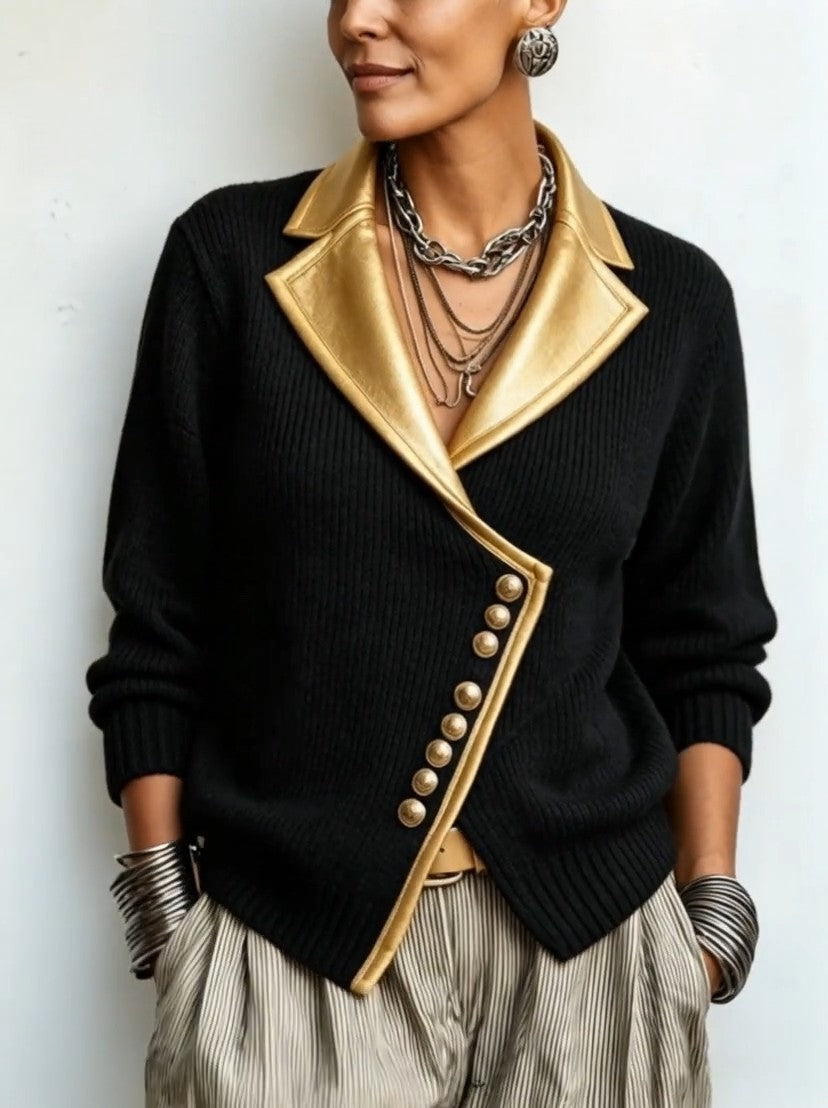 Cardigan femme en maille côtelée à col châle et boutons dorés