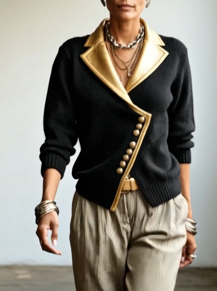 Cardigan femme en maille côtelée à col châle et boutons dorés