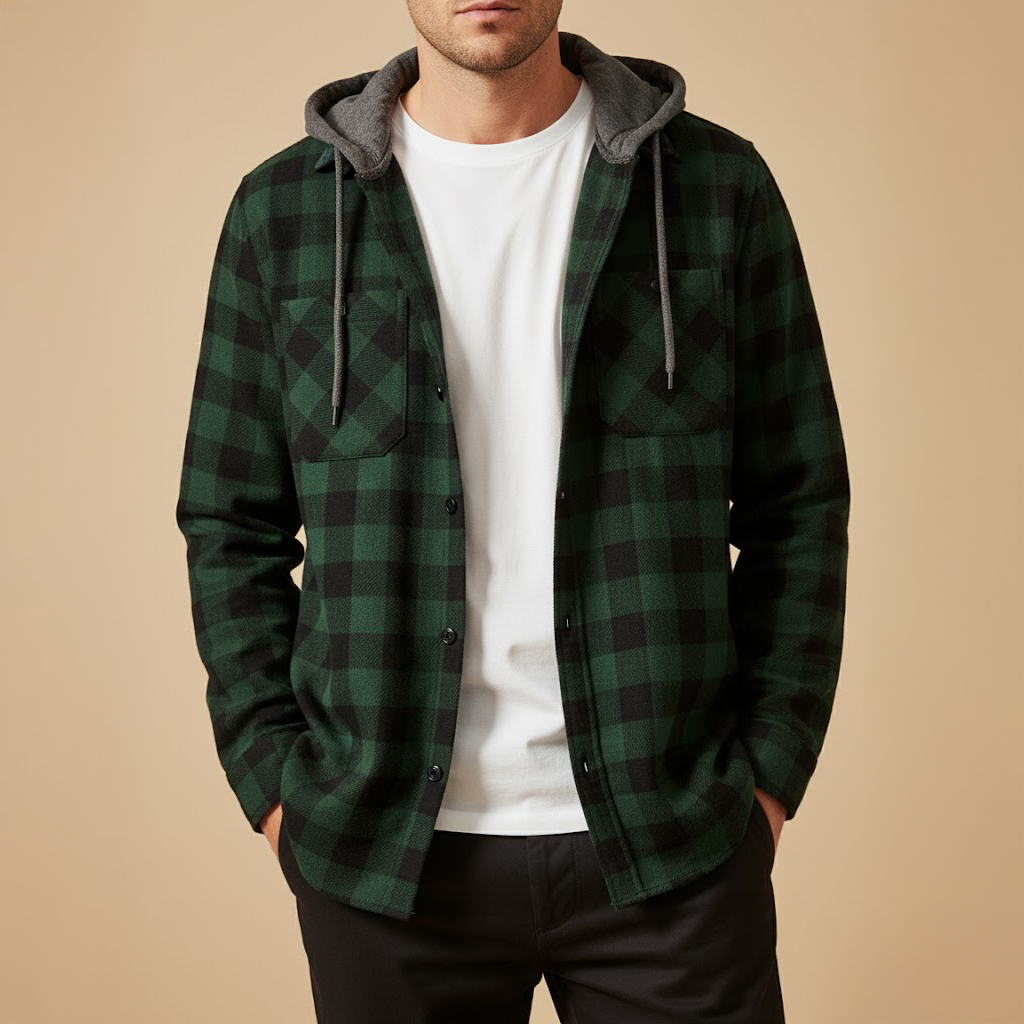 Veste Chemise Homme à Carreaux avec Capuche Casual