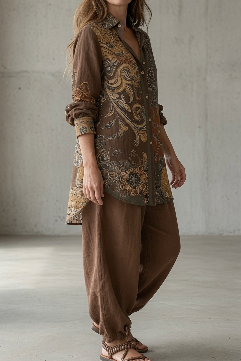 Ensemble femme vintage imprimé avec chemise et pantalon fluide