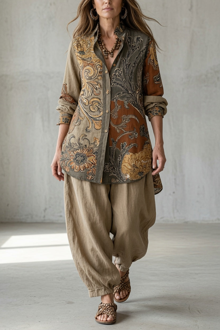 Ensemble femme vintage imprimé avec chemise et pantalon fluide