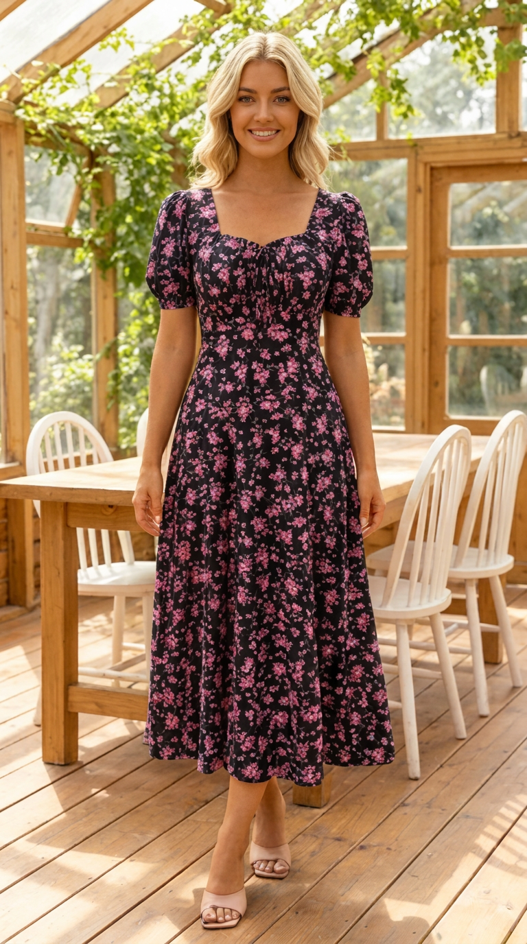 Robe femme midi à imprimé floral avec manches bouffantes
