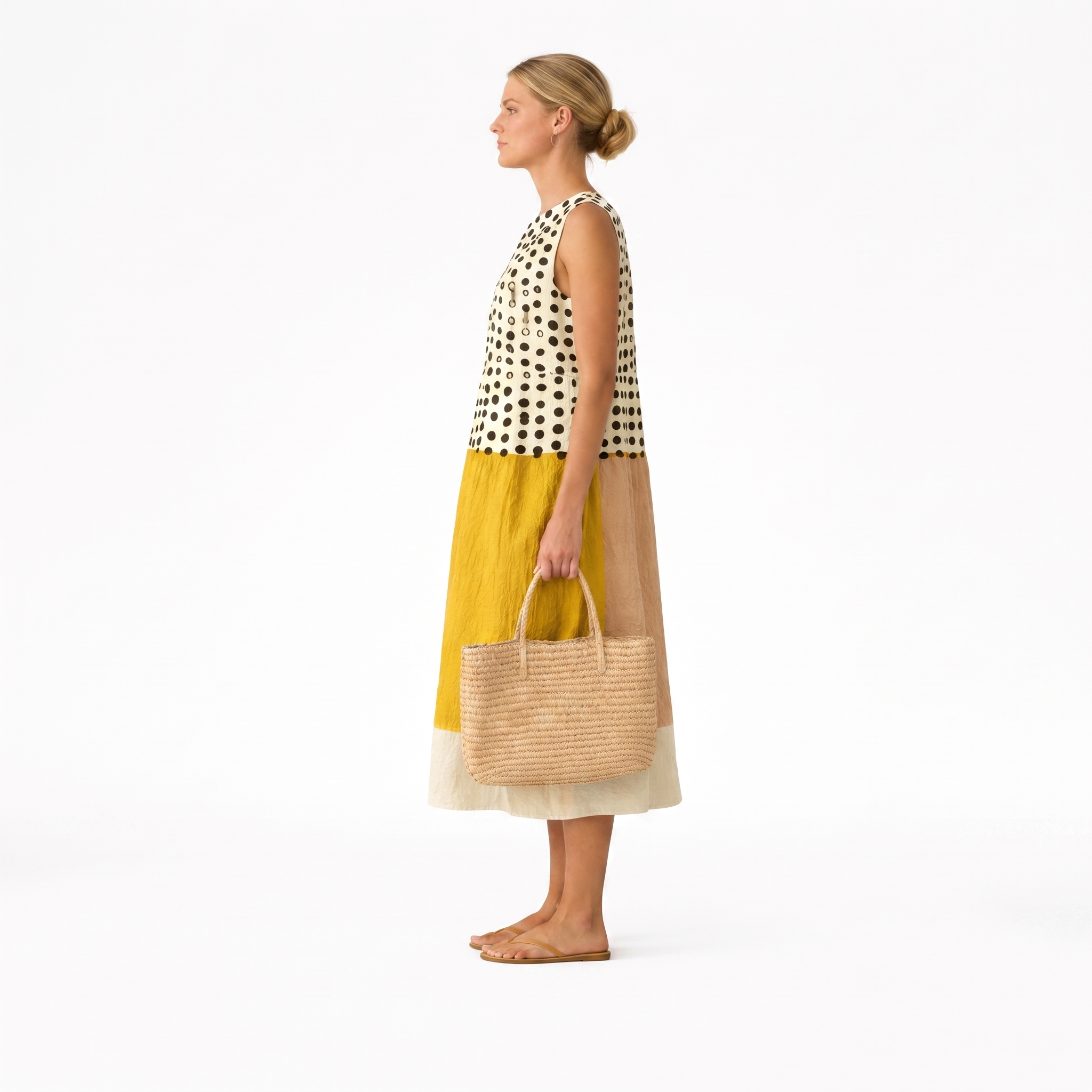 Robe midi femme sans manches à pois et blocs colorés