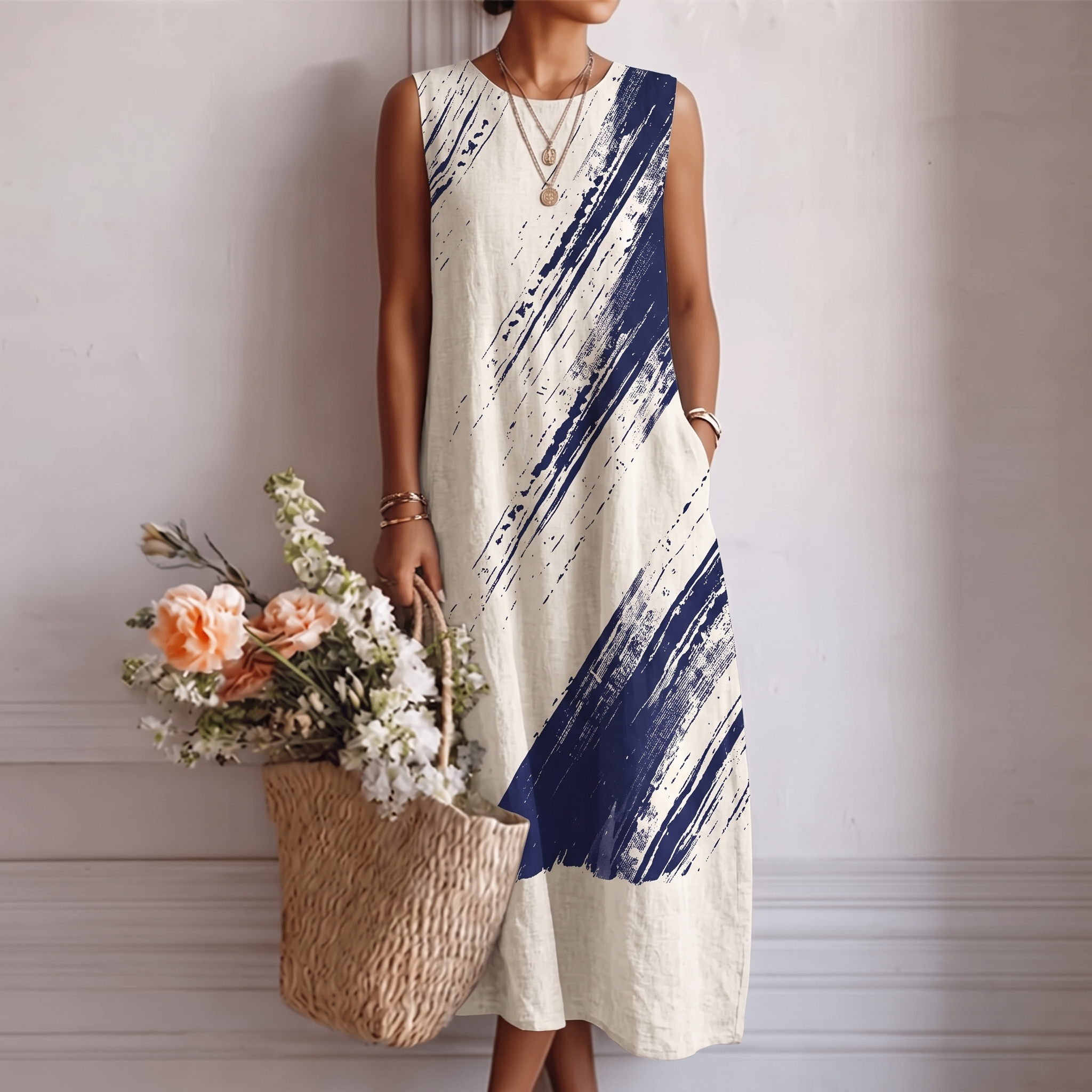 Robe midi femme sans manches à imprimé graphique bleu