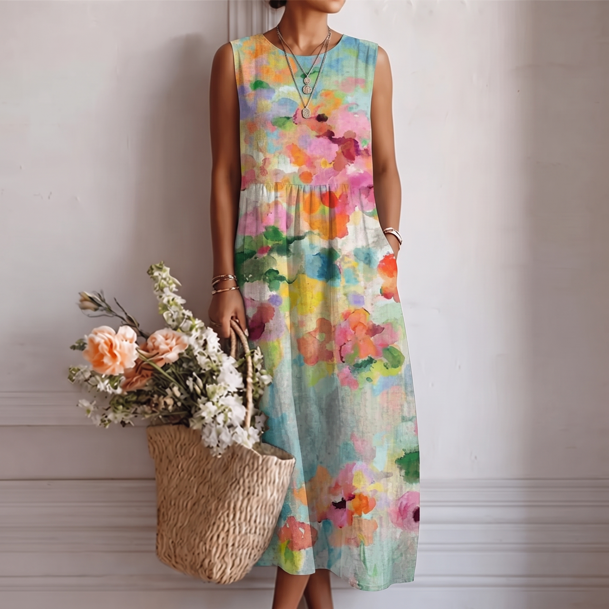 Robe midi femme fleurie multicolore sans manches en coton viscose