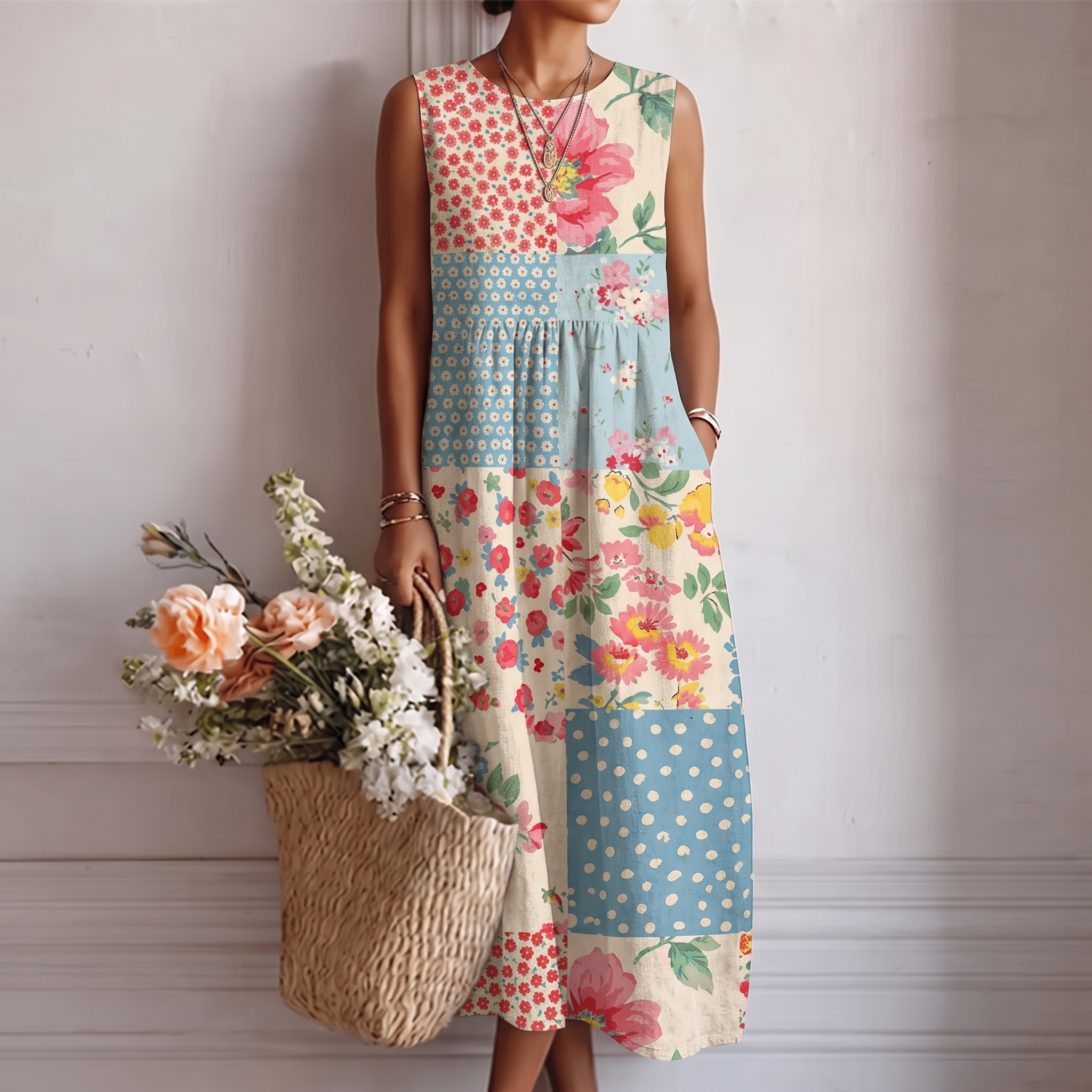 Robe midi femme patchwork fleuri sans manches en coton viscose
