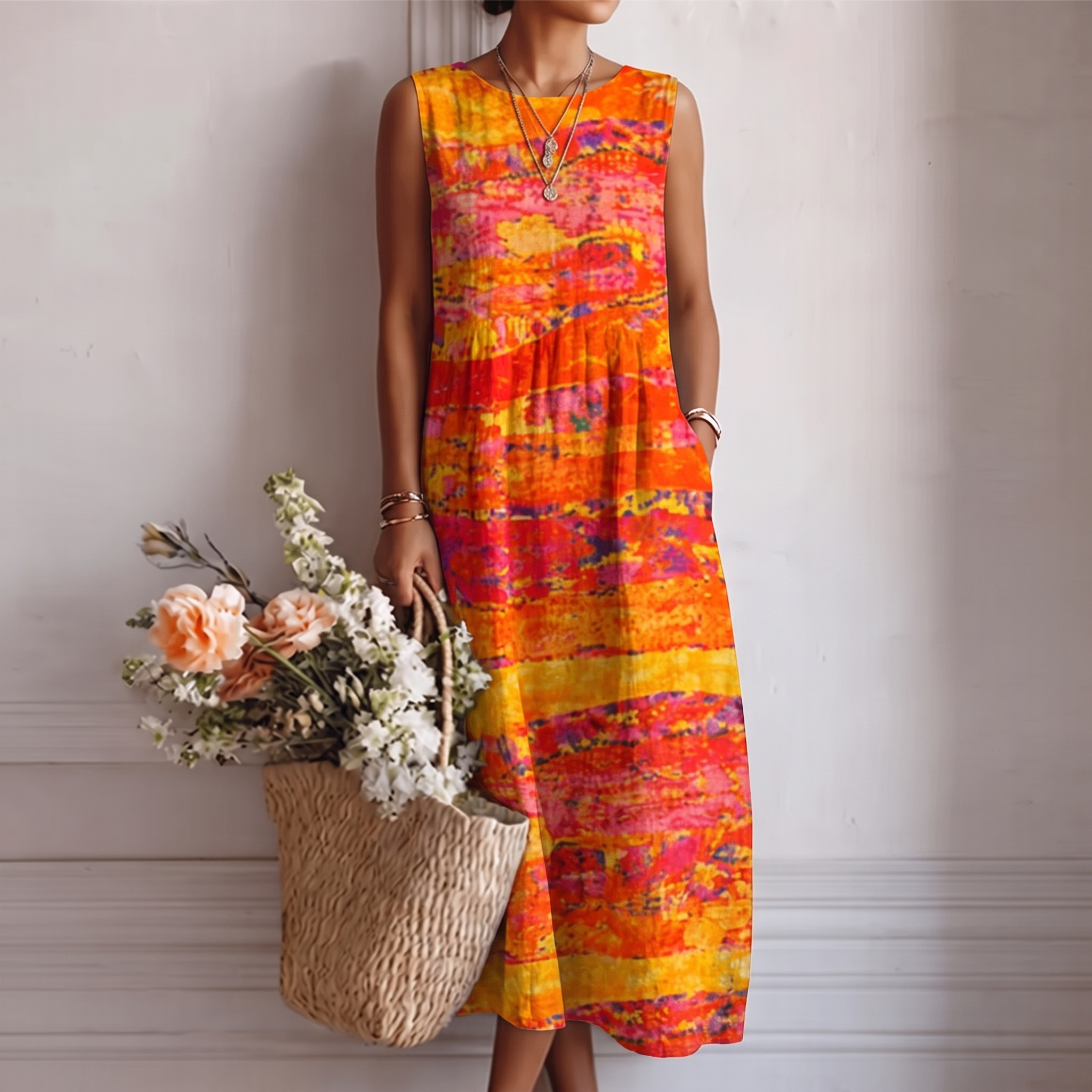 Robe midi femme multicolore sans manches en coton viscose