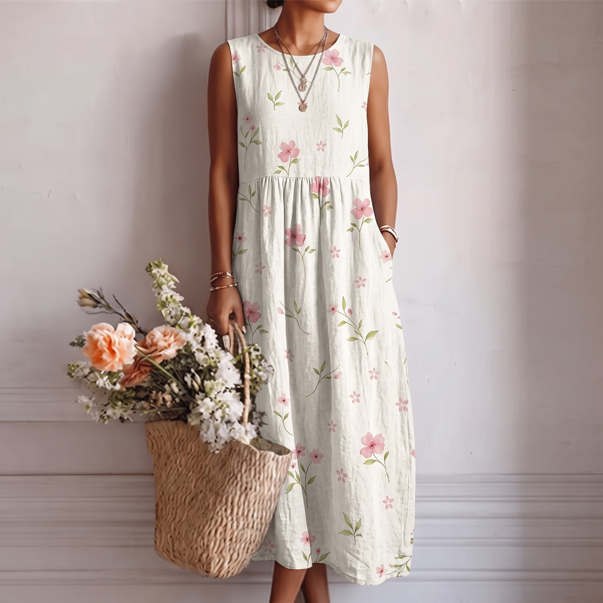 Robe midi femme fleurie sans manches en coton viscose