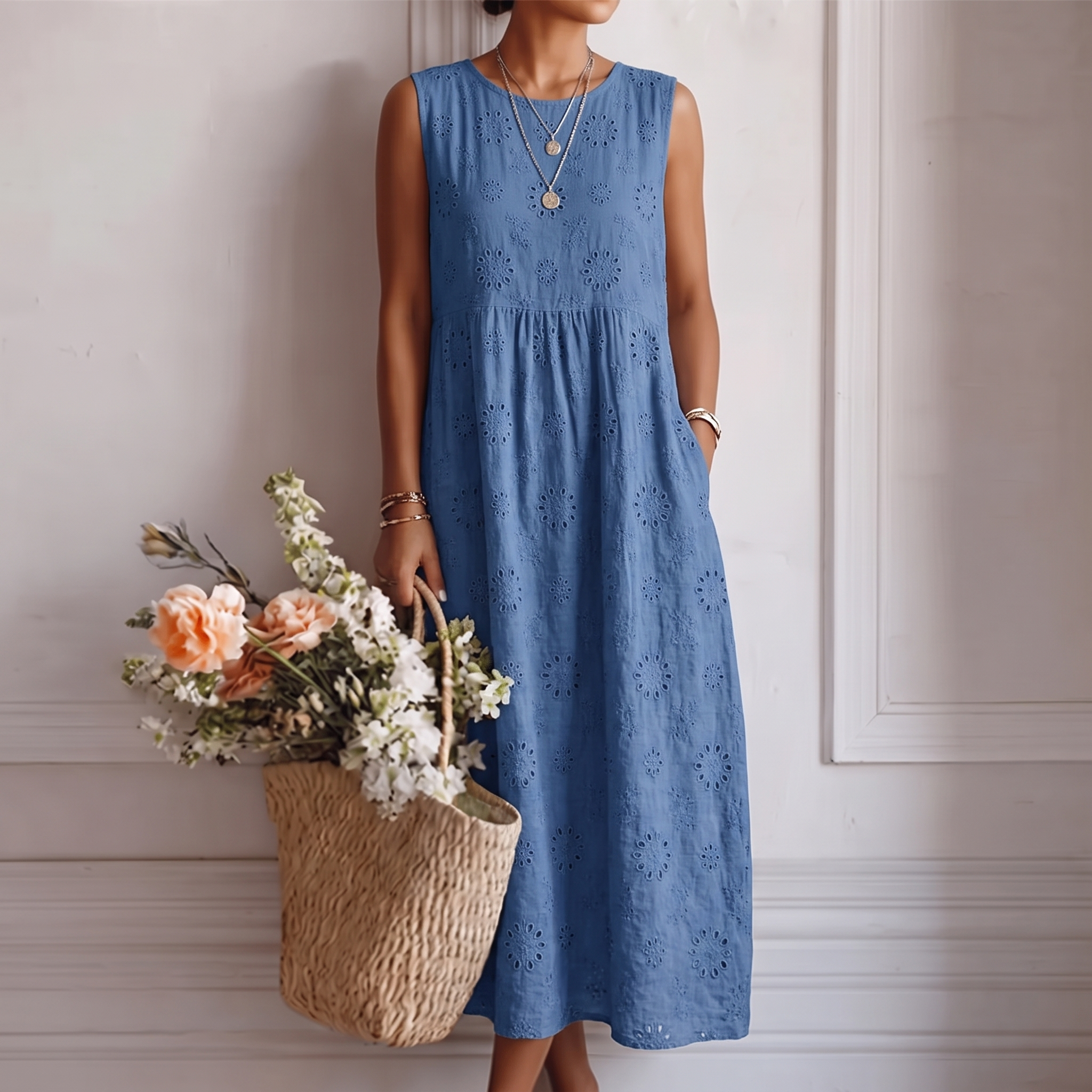 Robe midi femme ajourée sans manches en coton viscose