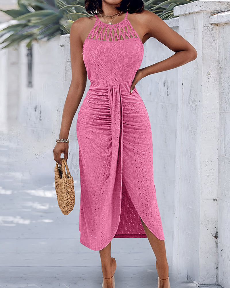 Robe Midi Femme Jacquard Ajouré Halter avec Fente Chic