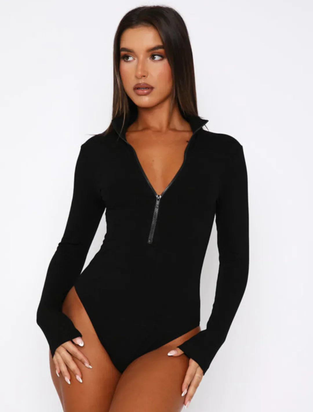 Body Ajusté Col V Zippé Élégance Moderne