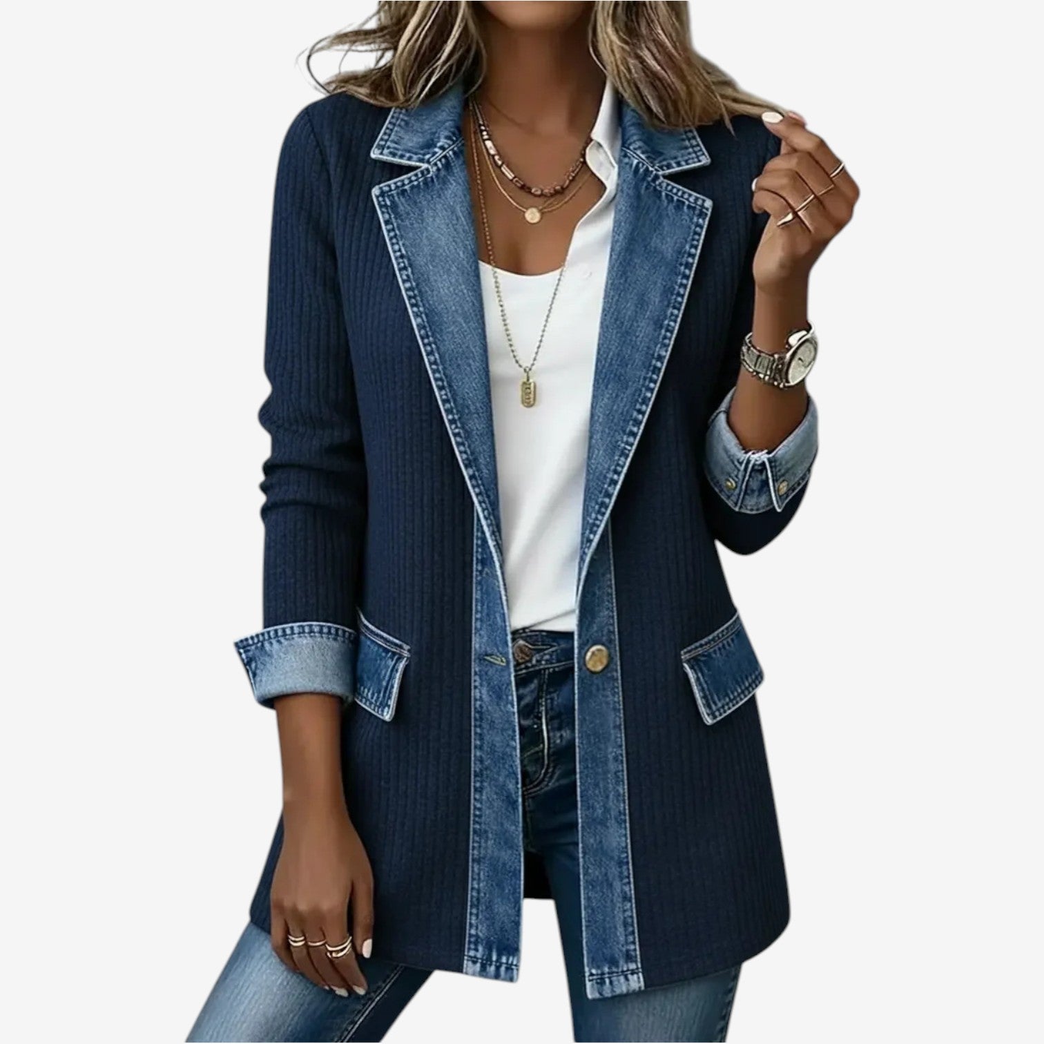 Veste Femme Effet Superposé Maille Et Denim Style Moderne